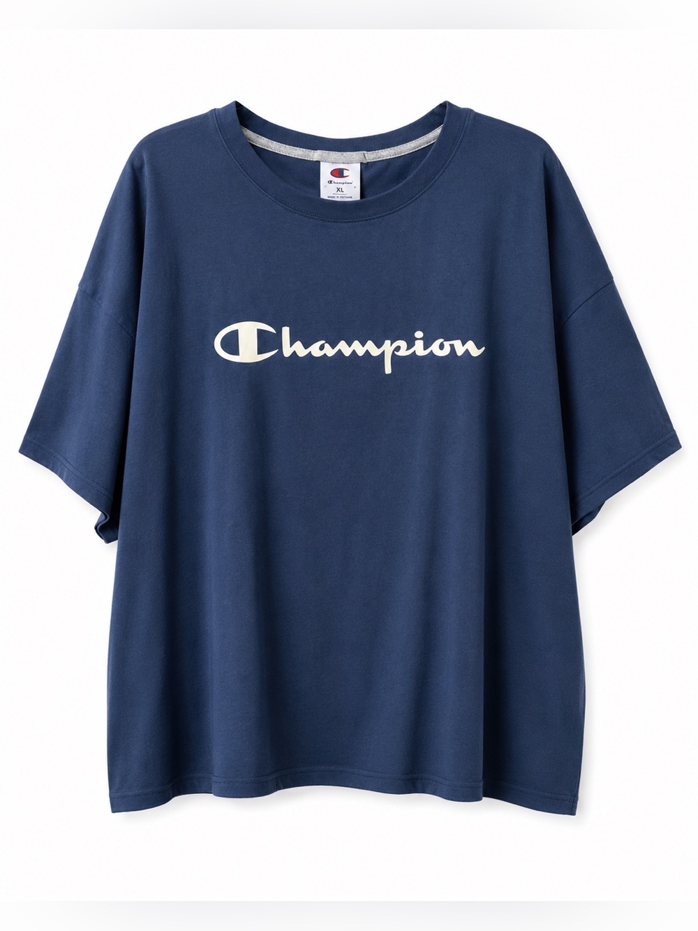Classic Champion crewneck tee. Soft light blue color with visible Champion 3X